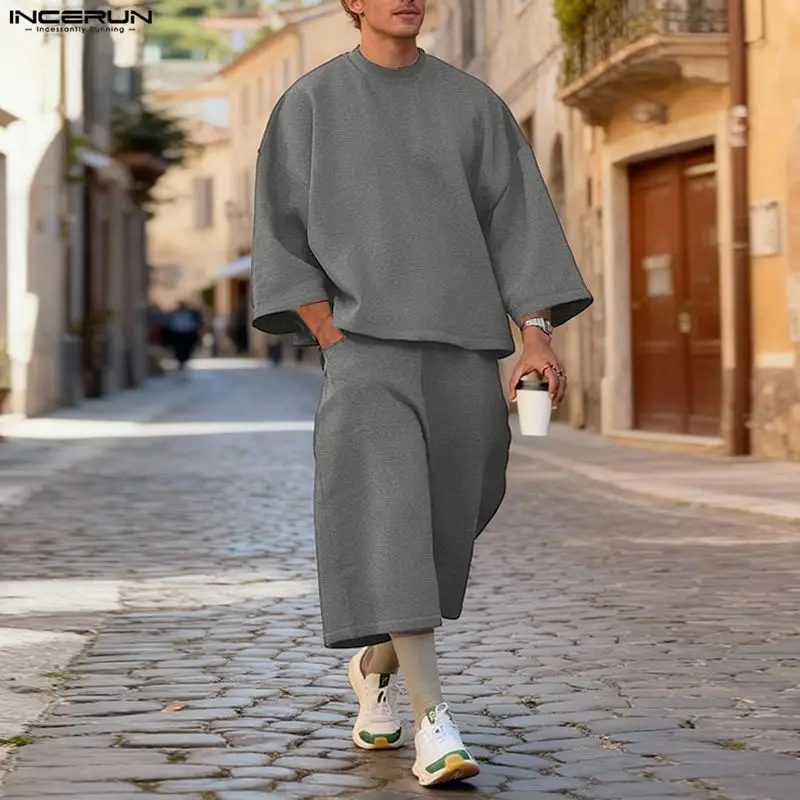 Streetwear Hoodie - INCERUN Men Sets Solid Color Baggy