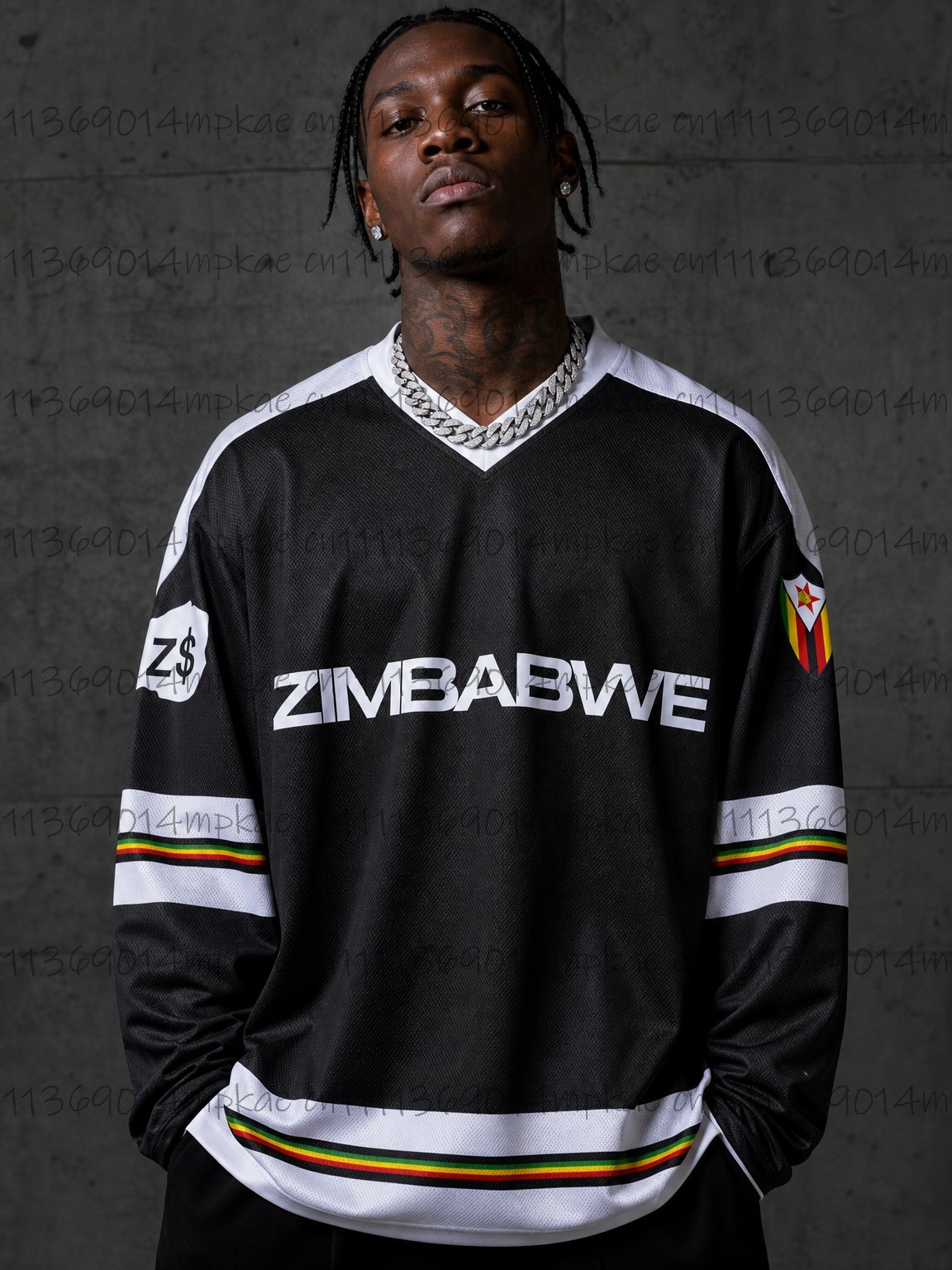 Mens Fashion Top - Men's Zimbabwe Printed V-Neck Long-Sleeve T-Shirt,