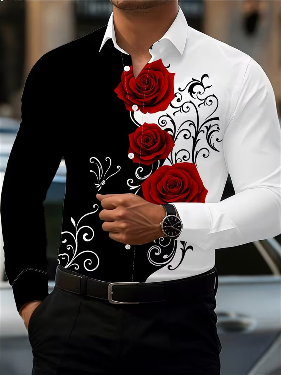 Mens Fashion Top - Men's Red Rose Print Long-Sleeve Shirt,