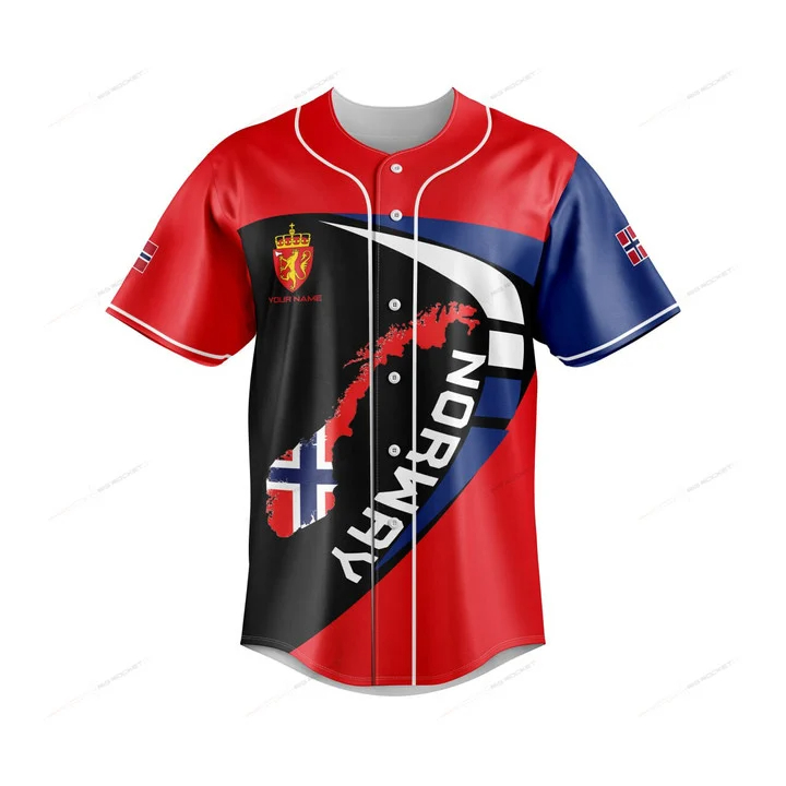 Mens Fashion Baseball Jersey - Custom Name Norway Map Graphic Button