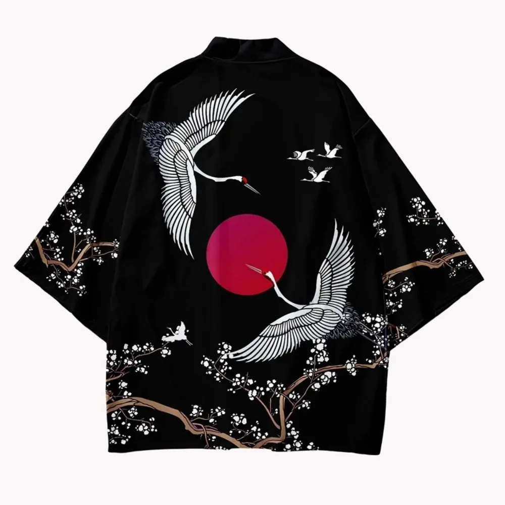 Crane Pattern Print Kimono Car - Knitted Cardigan Men review and price